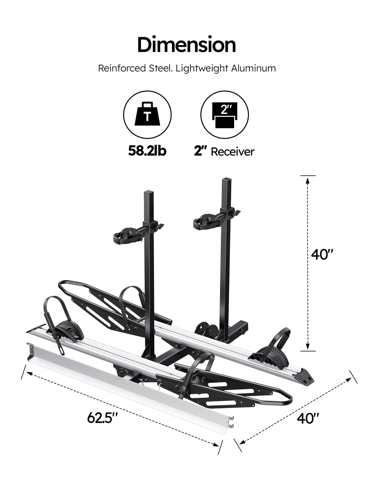 Dimensions 62.5 by 40 by 40 inches, 58.2 lb