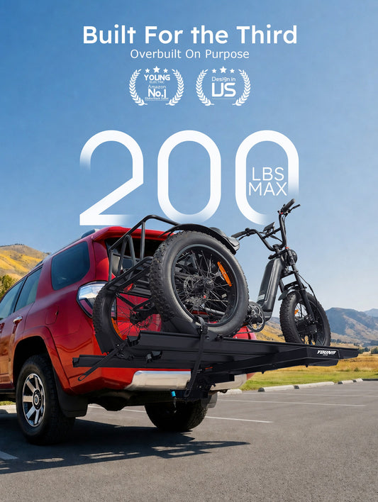 Young Pro 4209 e-trike hitch rack, 200 lb max, loaded on an SUV