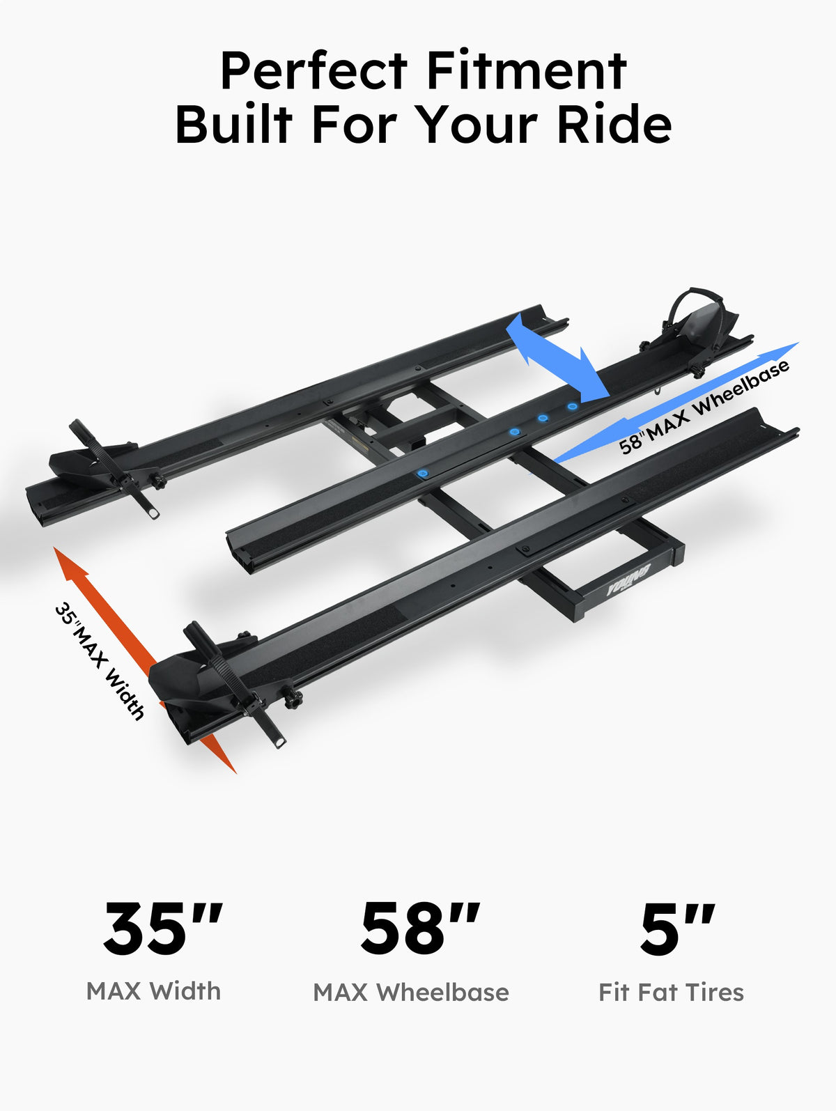 35-inch max width, 58-inch max wheelbase, 5-inch tires