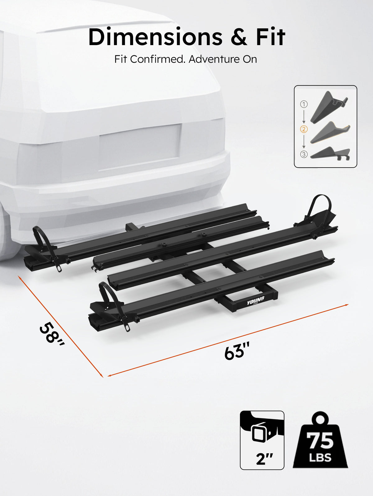Dimensions 63 by 58 inches, 75 lb, 2-inch receiver